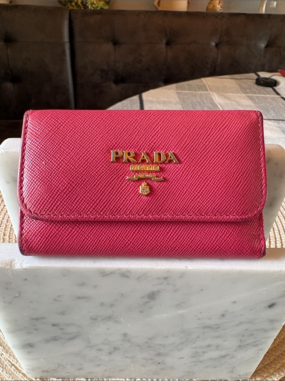 Prada Saffiano Leather Key Case Wallet in pink